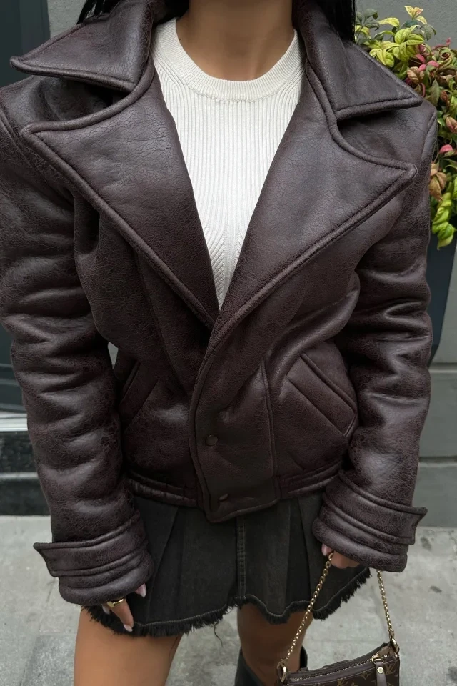 Bitter Brown Pocket Detail Leather Jacket
