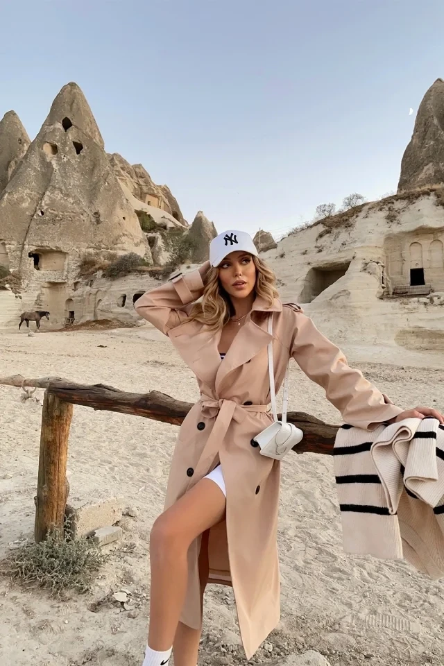 Beige Sleeves Belted Trench Coat