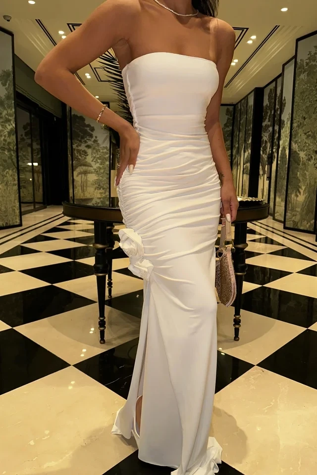 White Rays Rose Detailed Slit Long Dress