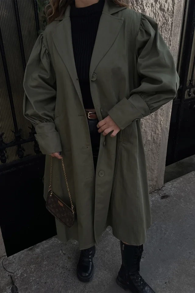Khaki Button-Front Trench Coat