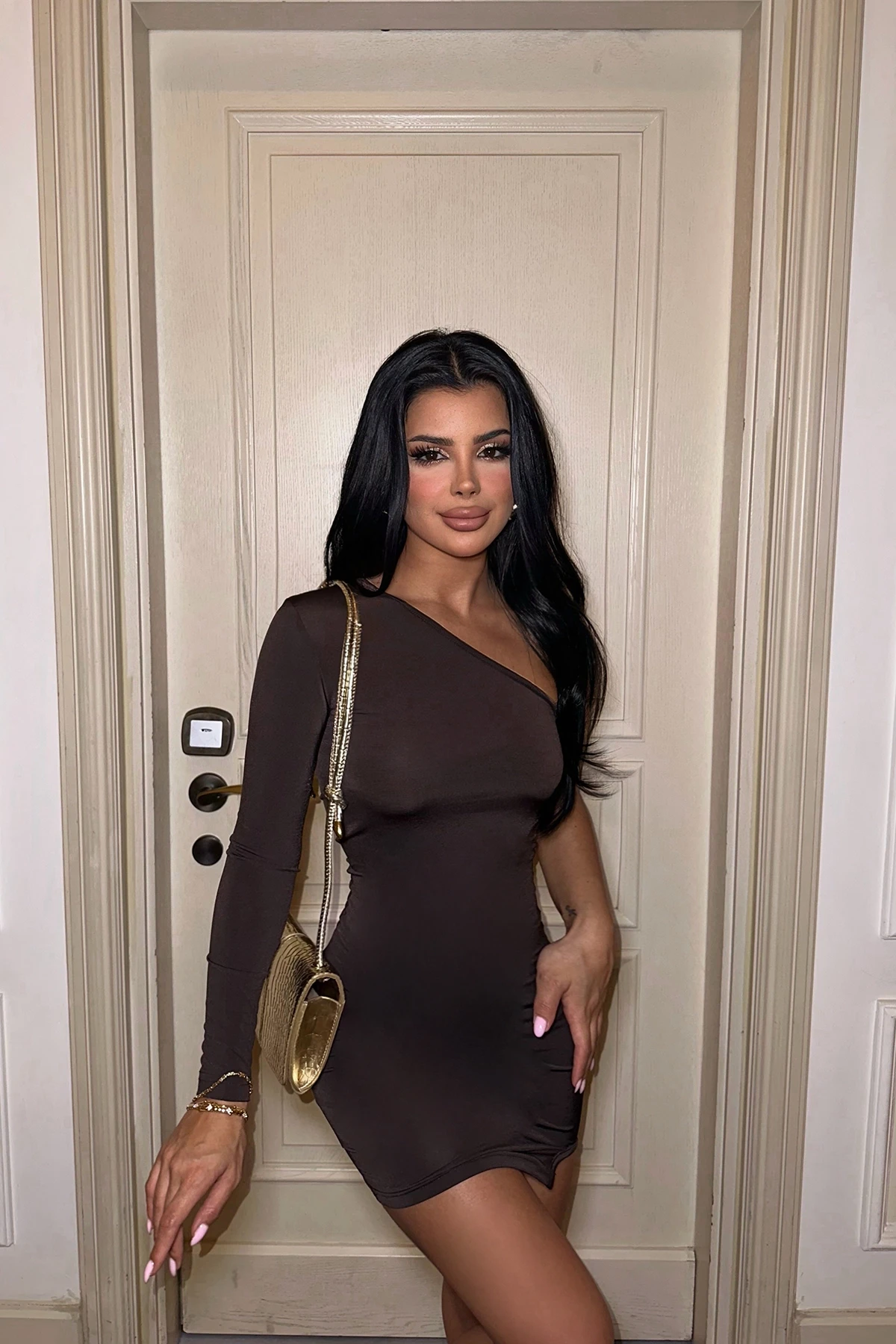 Brown One Arm Ripped Dress