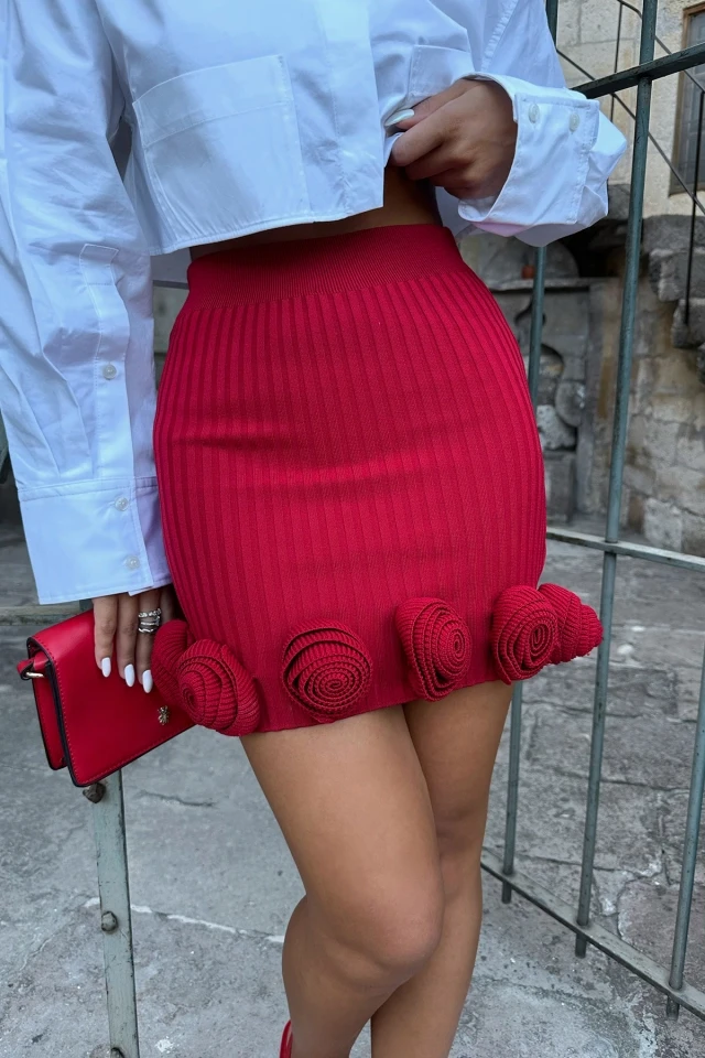 Red Rose Detail High Waist Mini Skirt