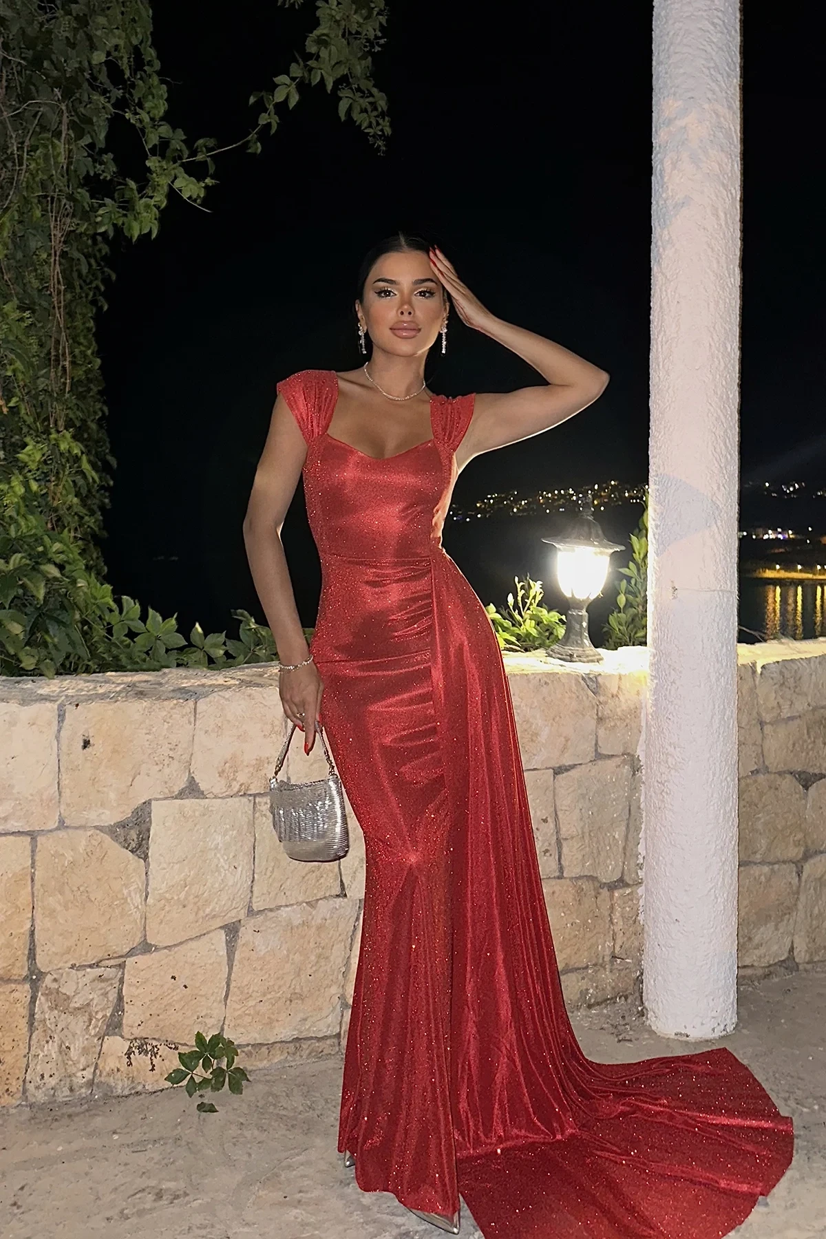 Red Silvery Long Evening Dress