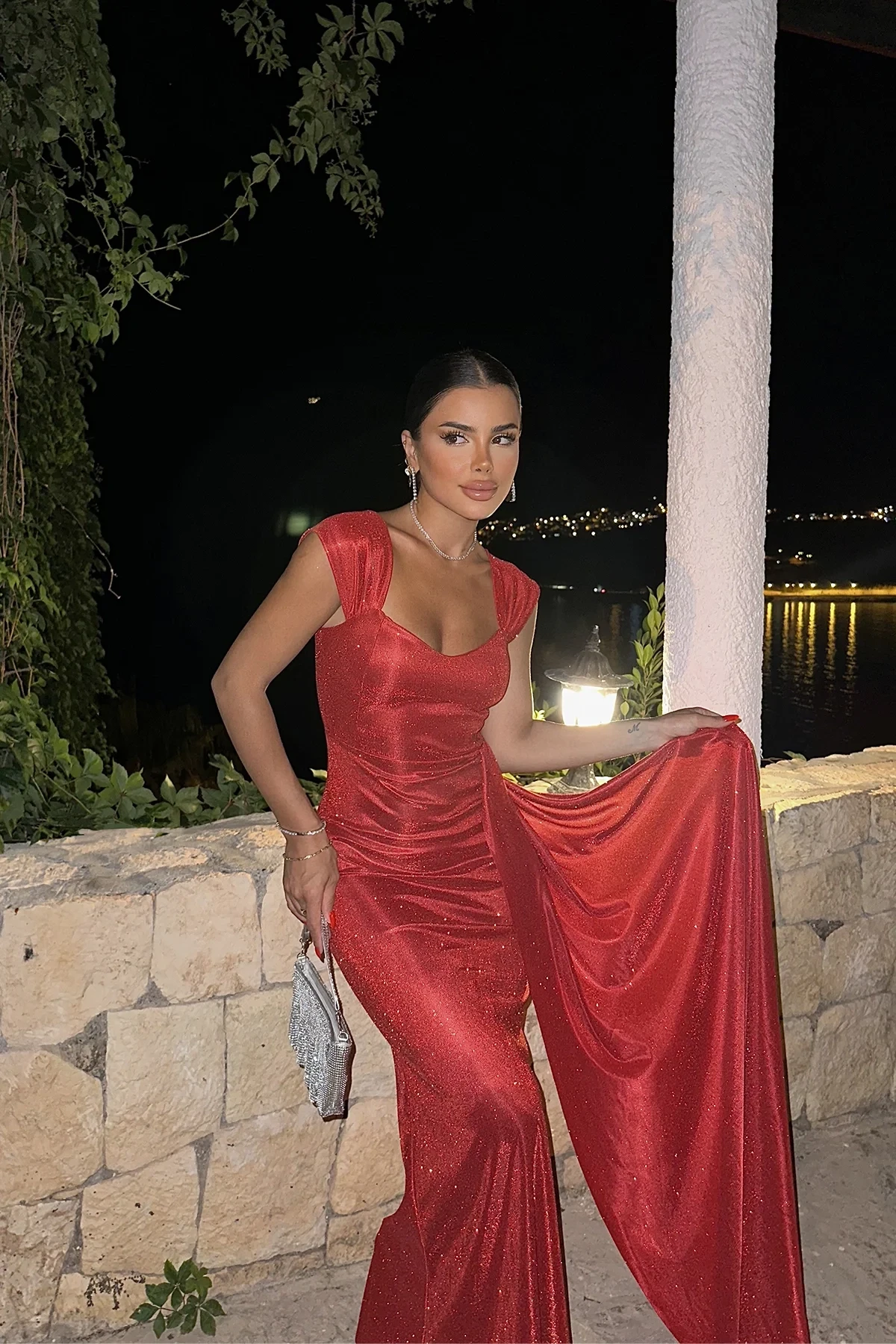 Red Silvery Long Evening Dress