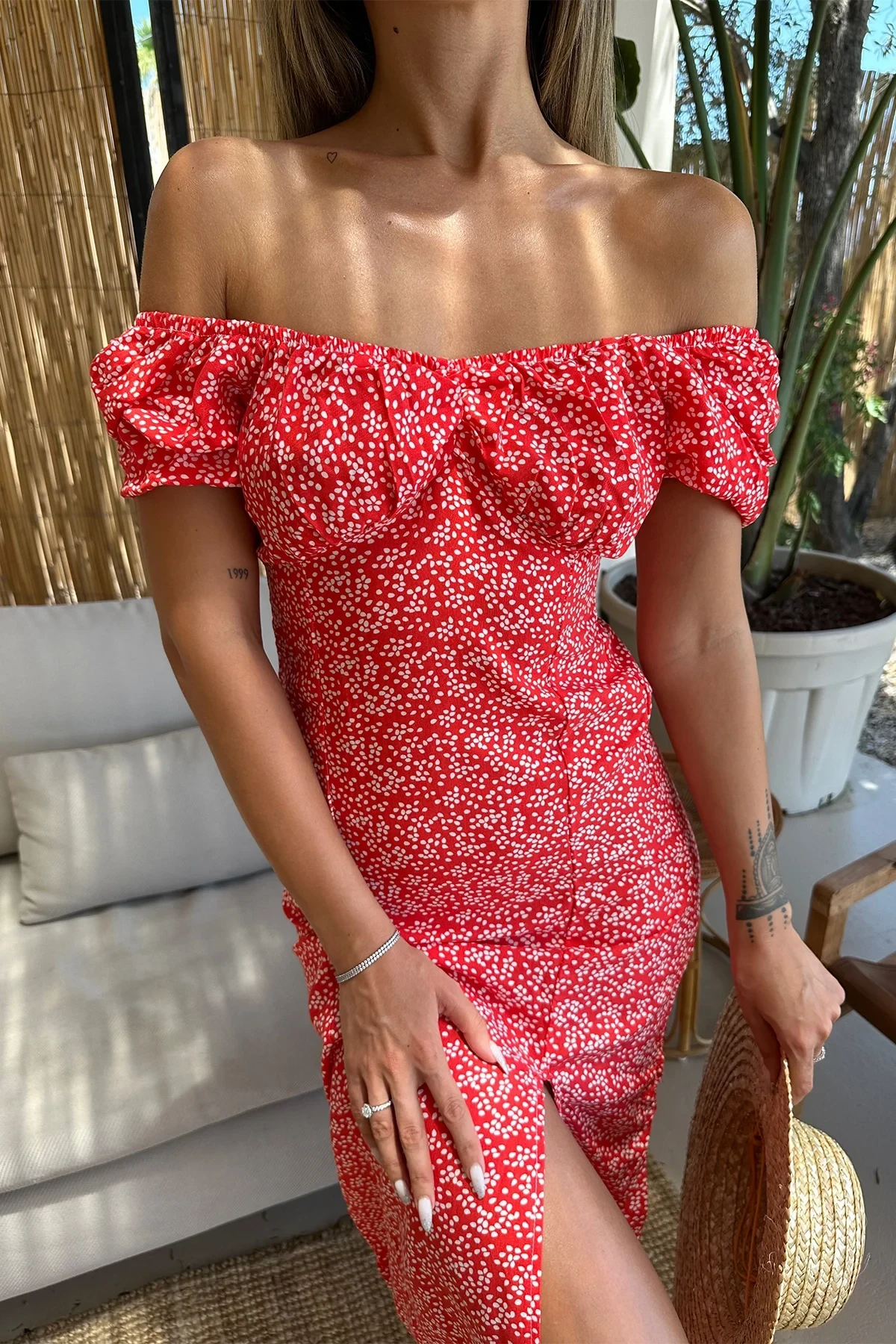 Red Slit Detail Long Dress