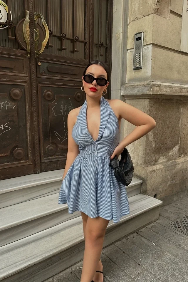 Blue Striped Double Breasted Dress