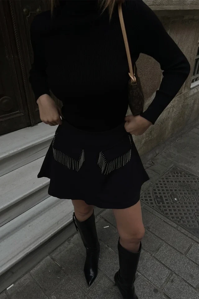 Black Tassel Detail Mini Skirt