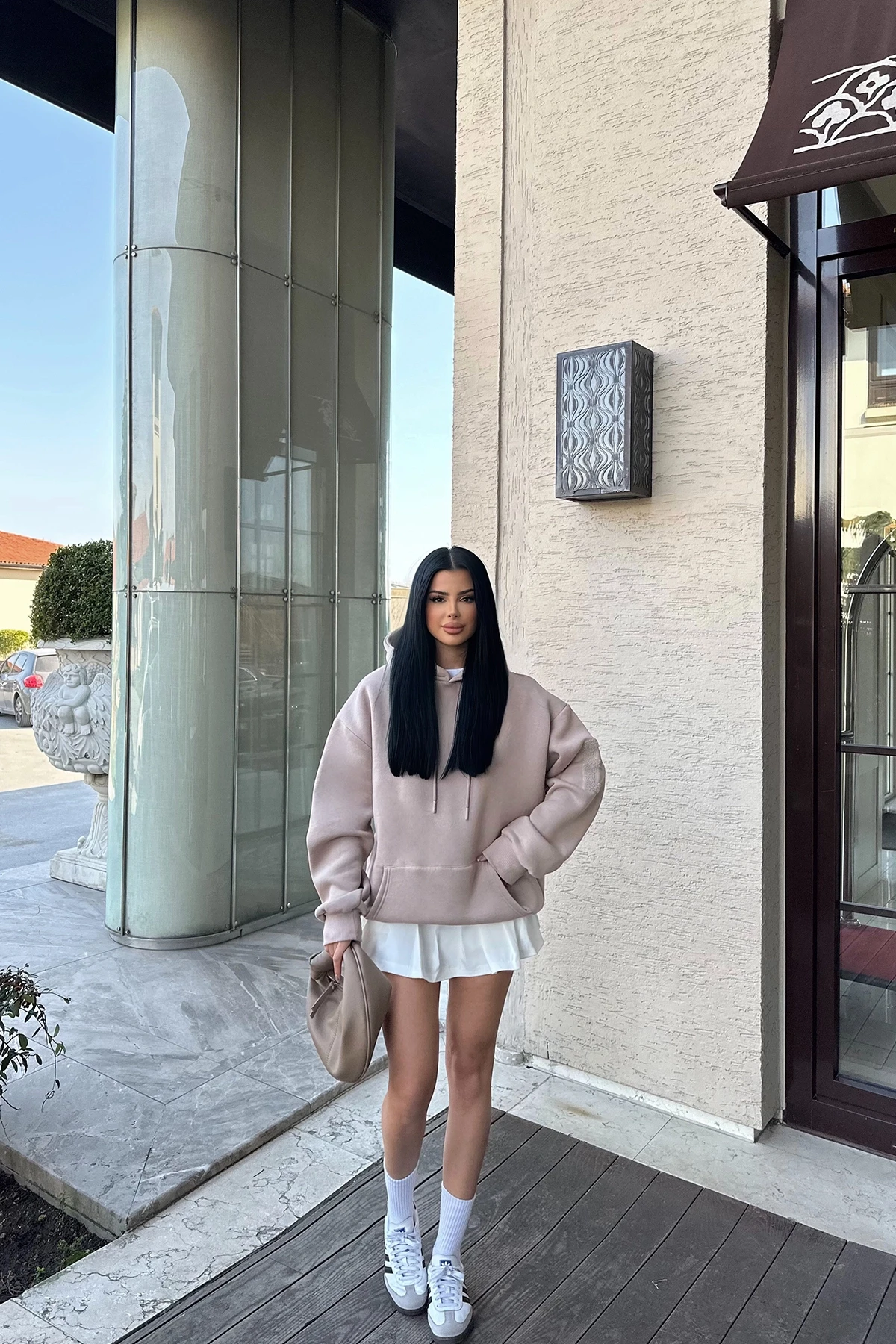 Beige Hooded E Embroidered Sweat