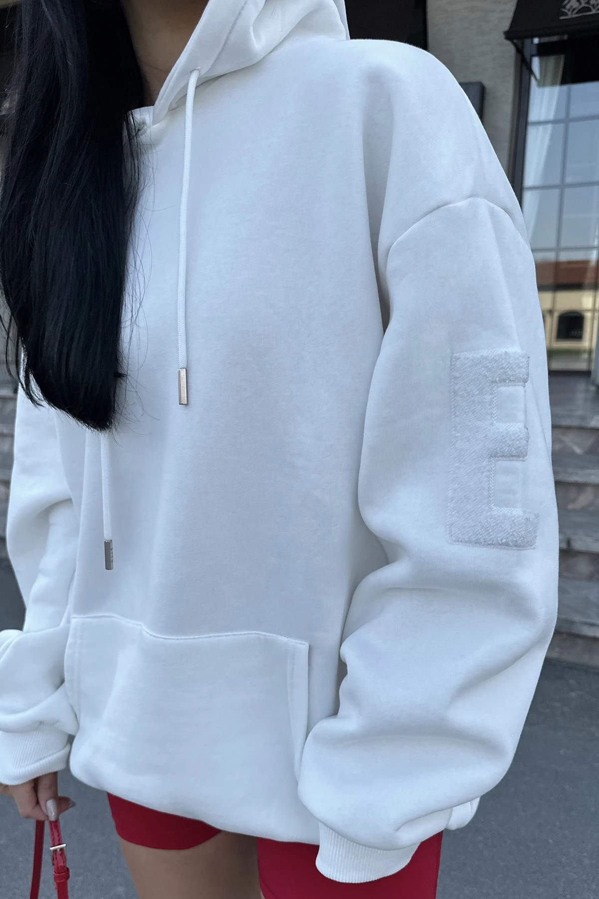 White Hooded E Embroidered Sweat