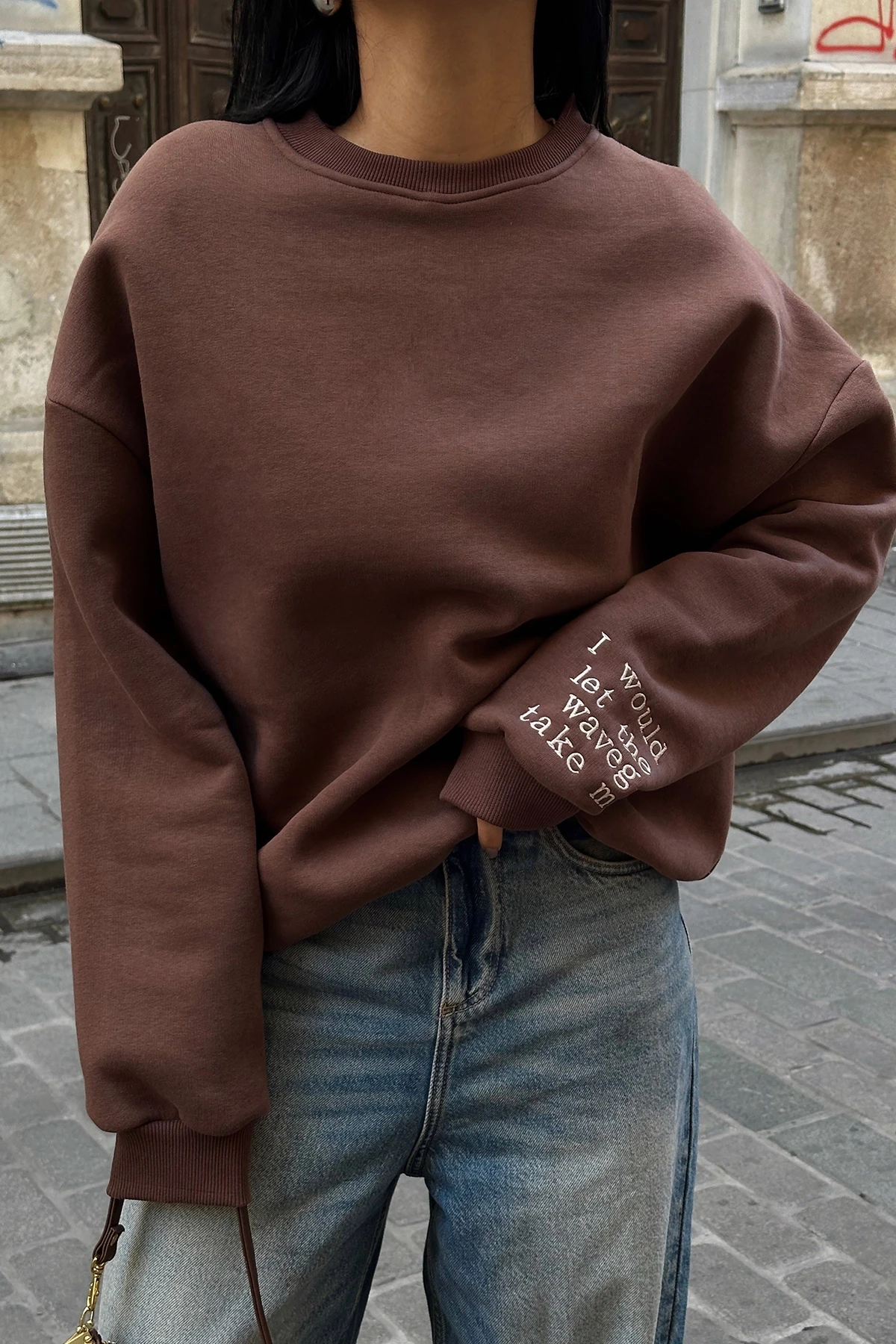 Brown Embroidery Detail Oversize Sweat