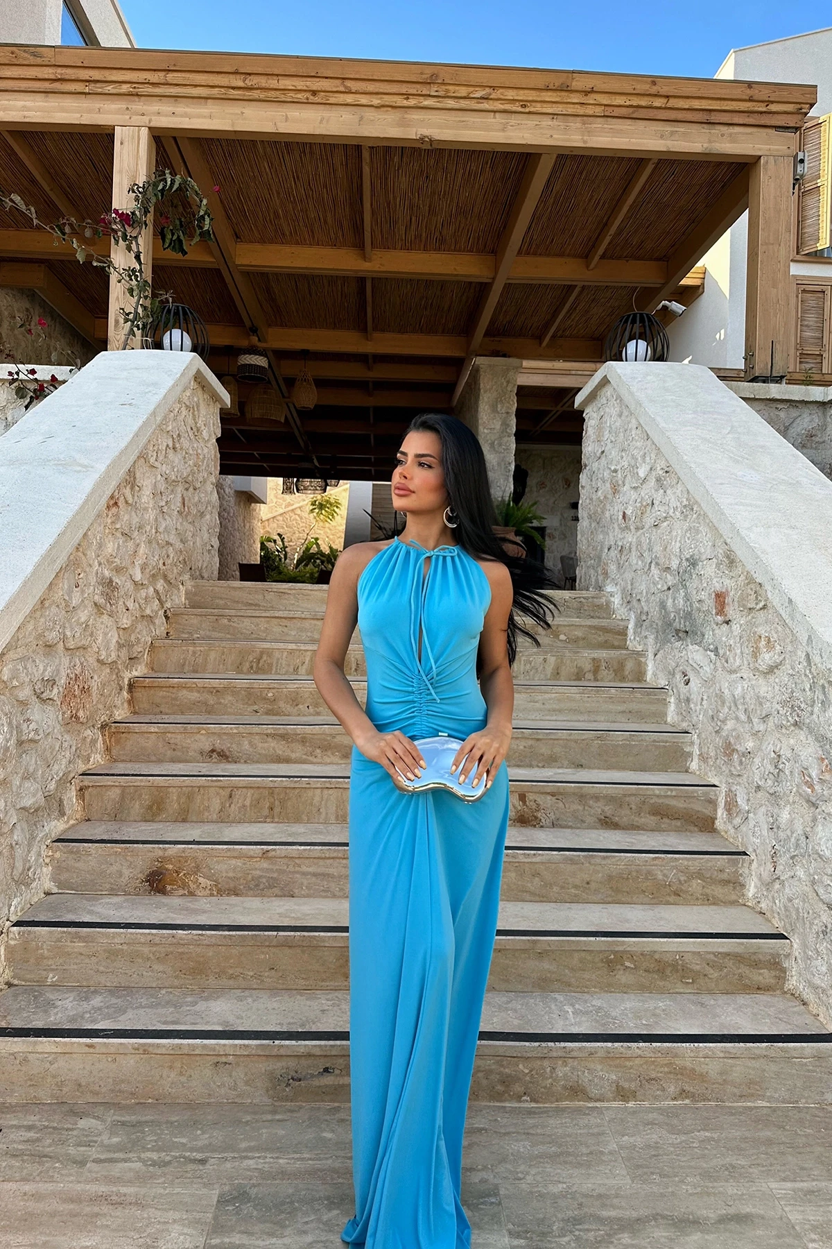 Blue Albertina Low-Cut Long Dress