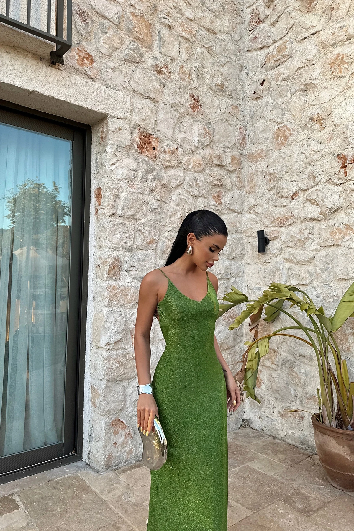 Green Strappy Glittery Long Dress