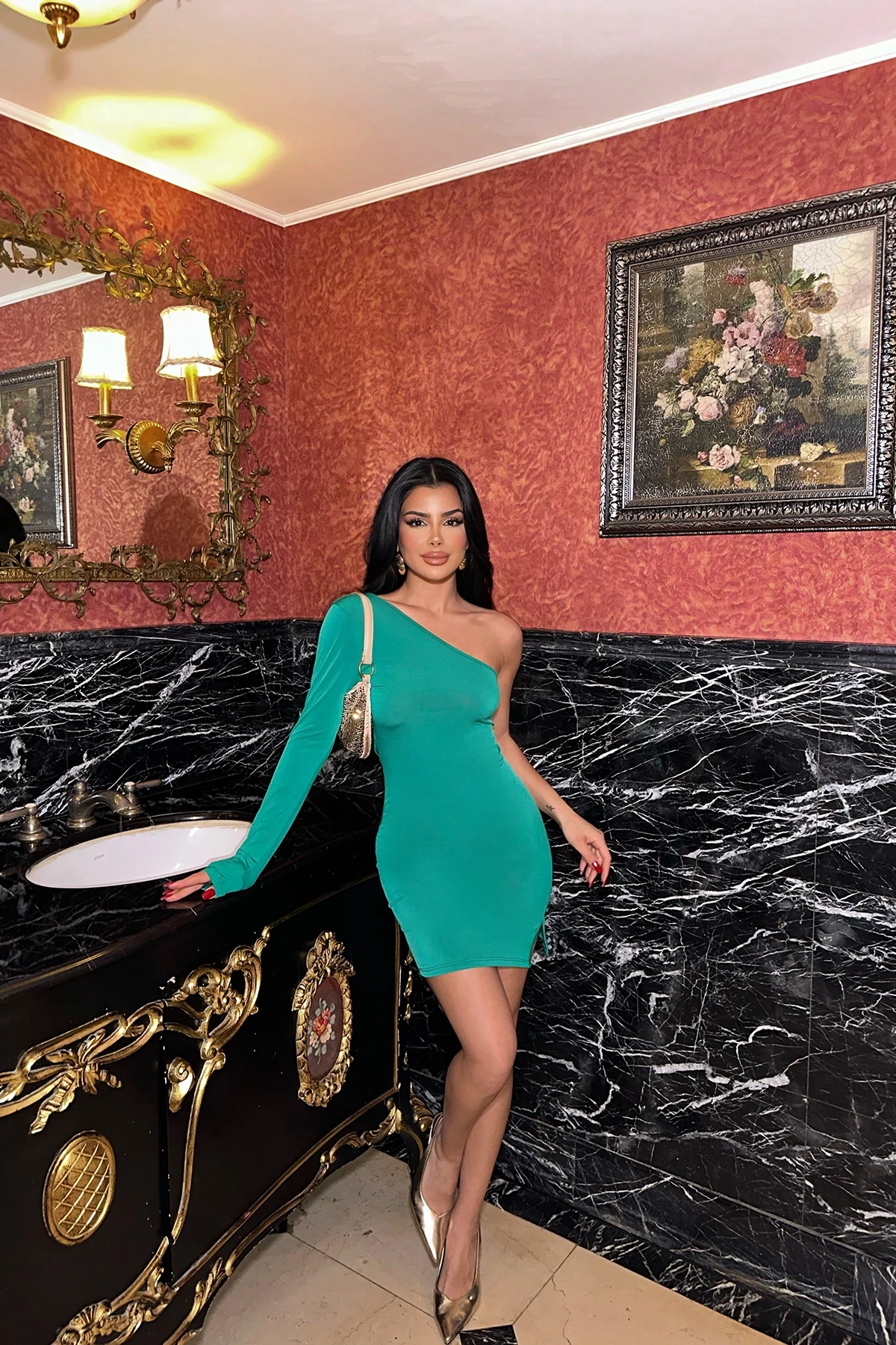 Green Single Sleeve Mini Dress